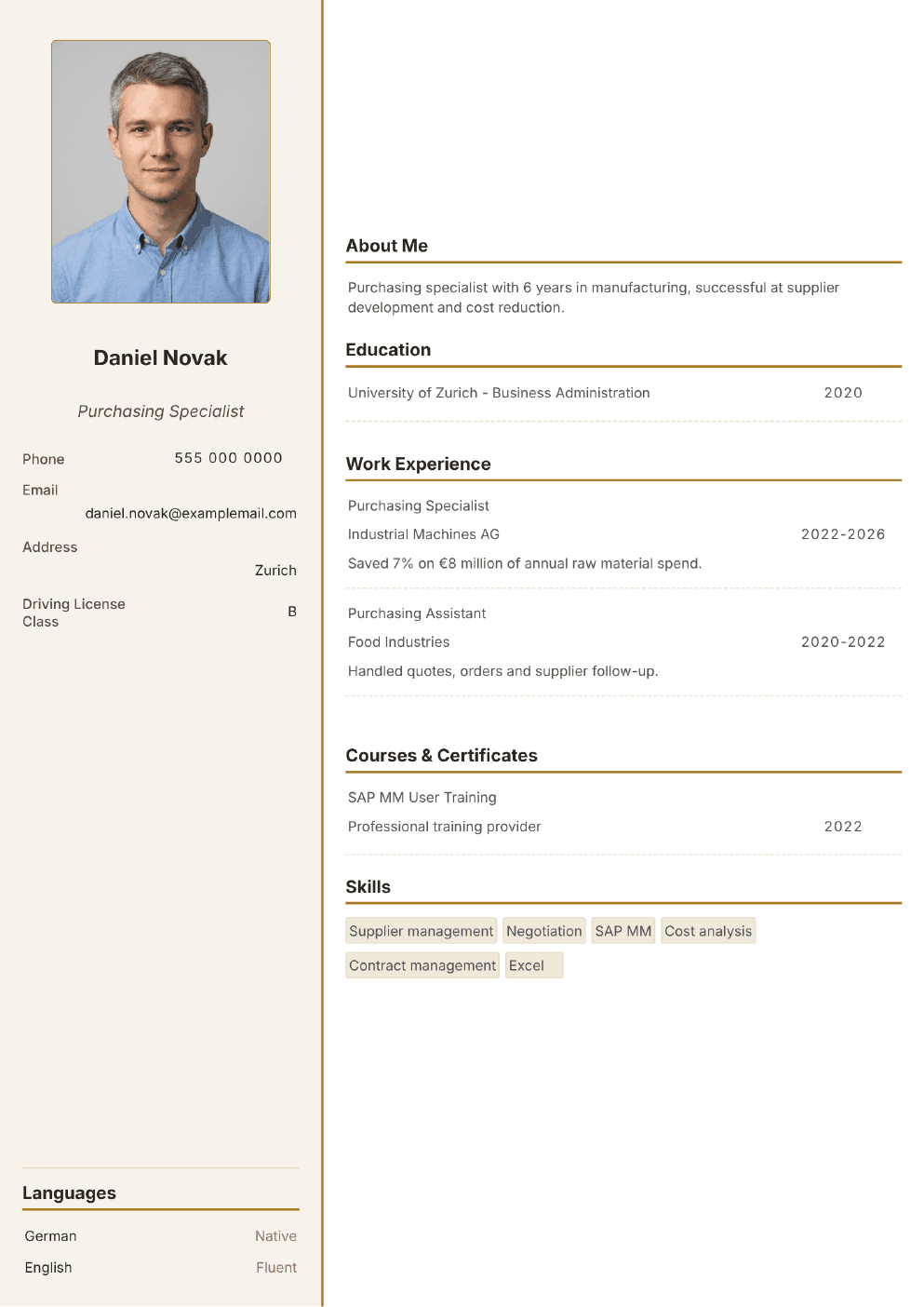 Completed CV example for a Purchasing Specialist (with photo)
