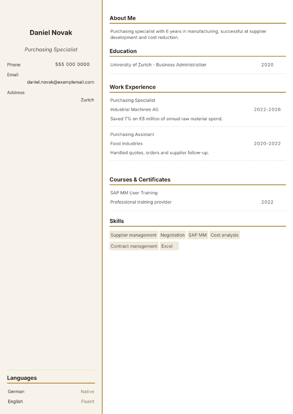 Completed CV example for a Purchasing Specialist (without photo)