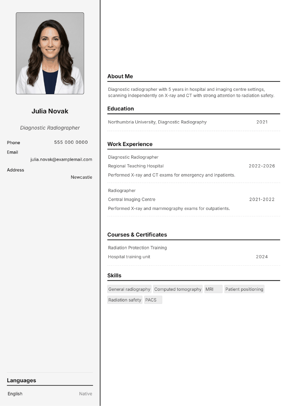 Completed CV example for a Radiographer (without photo)