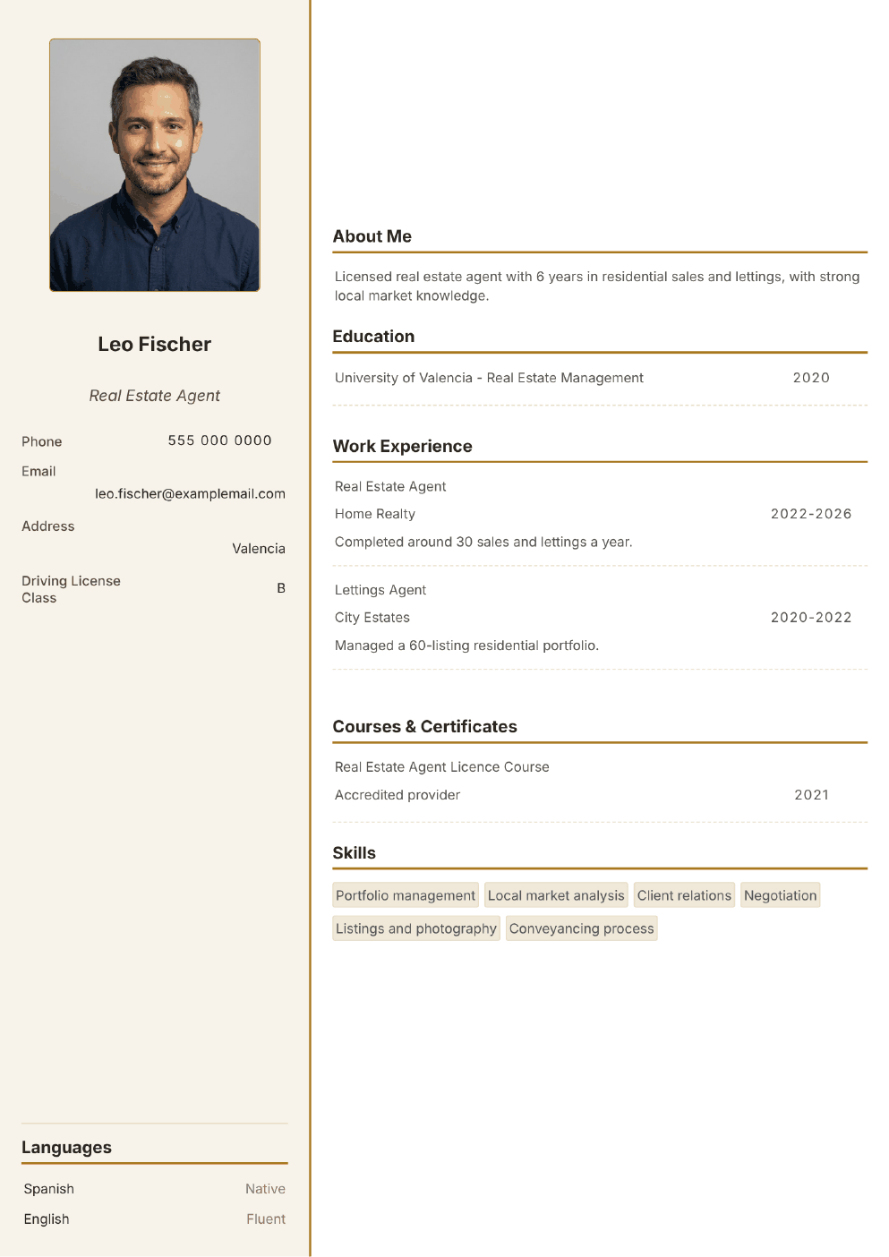 Completed CV example for a Real Estate Agent (with photo)