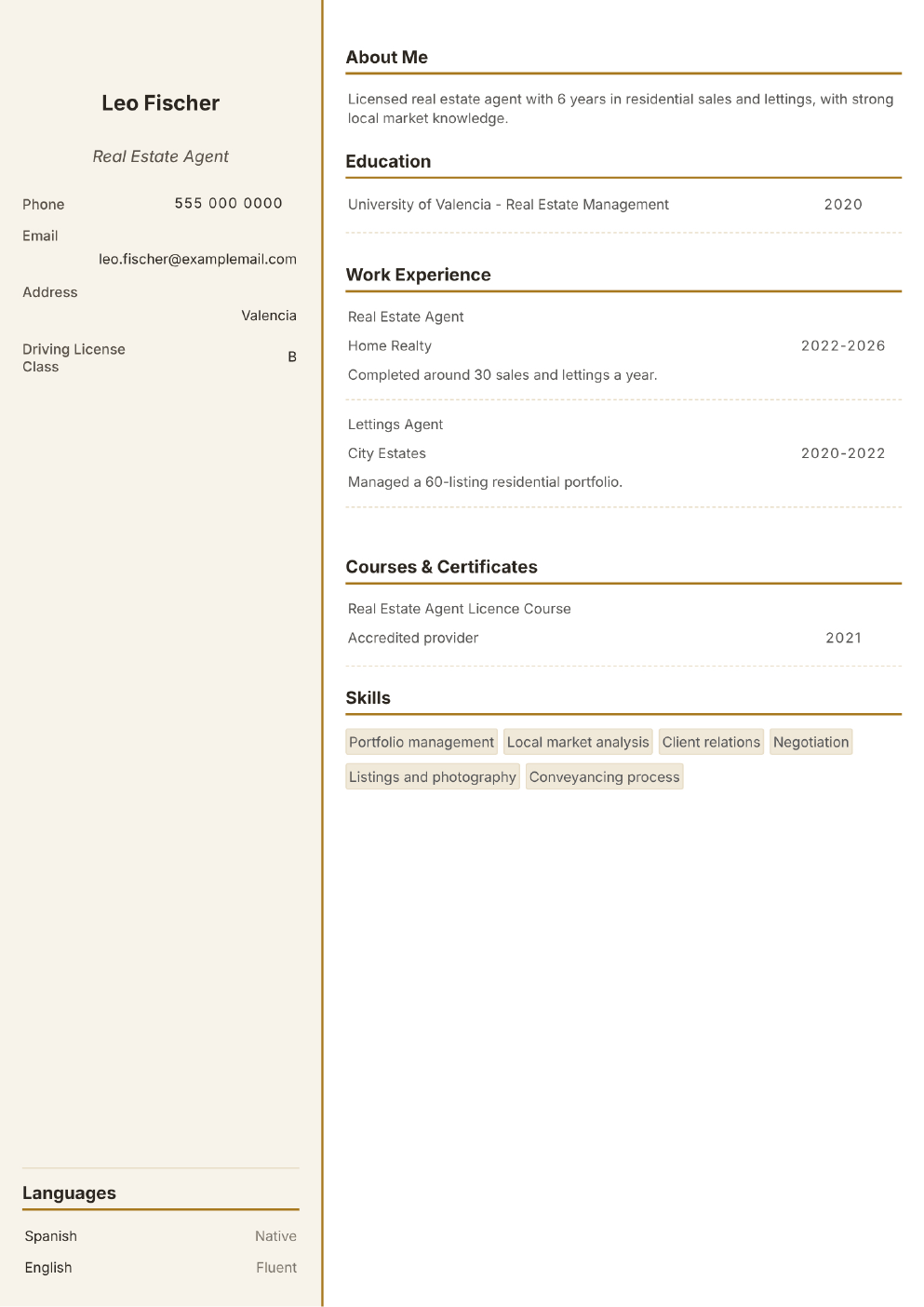 Completed CV example for a Real Estate Agent (without photo)