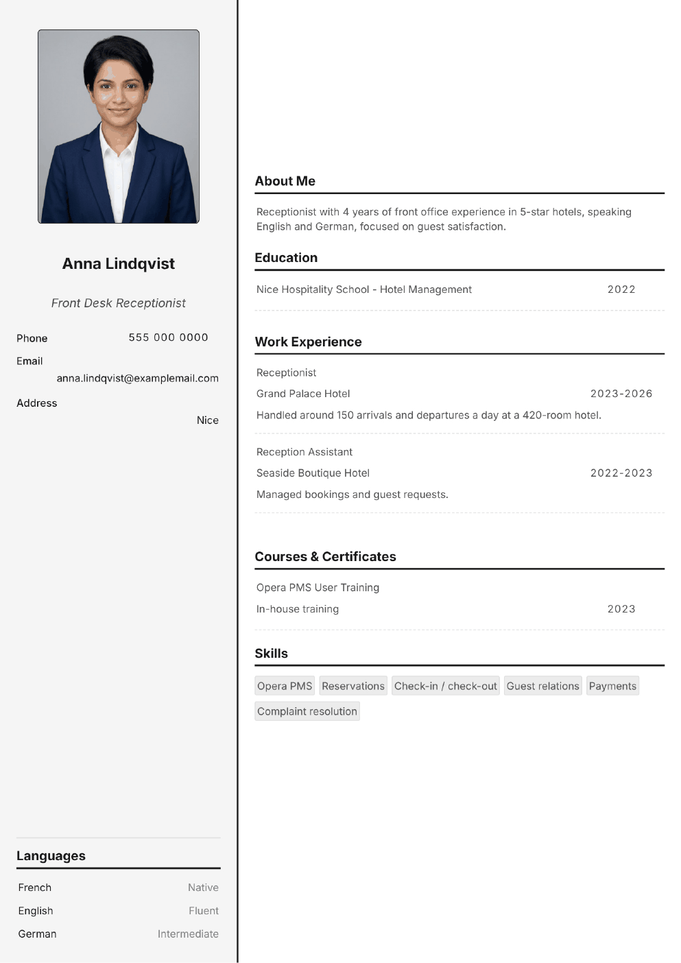 Completed CV example for a Receptionist (with photo)