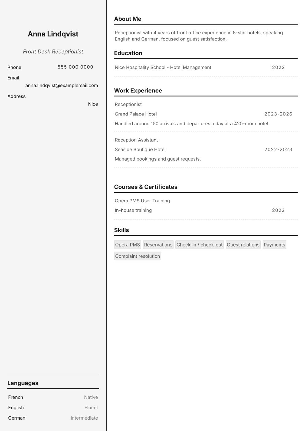 Completed CV example for a Receptionist (without photo)