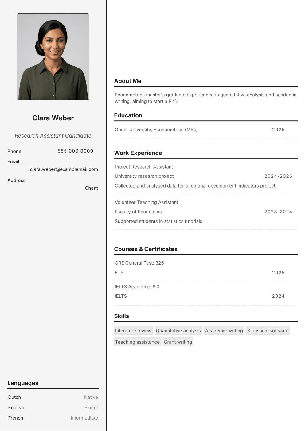Completed CV example for a Research Assistant (without photo)