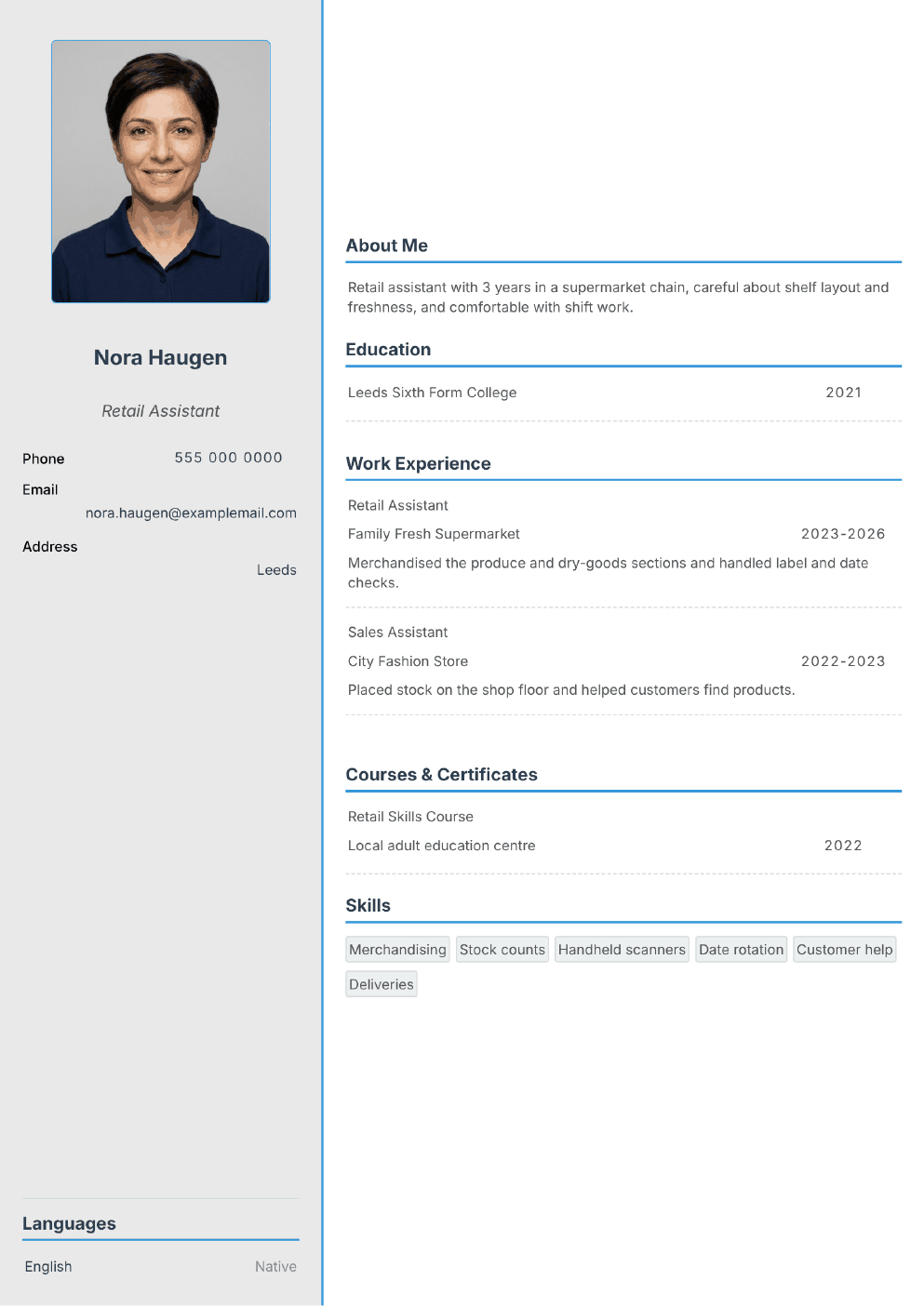 Completed CV example for a Retail Assistant (without photo)