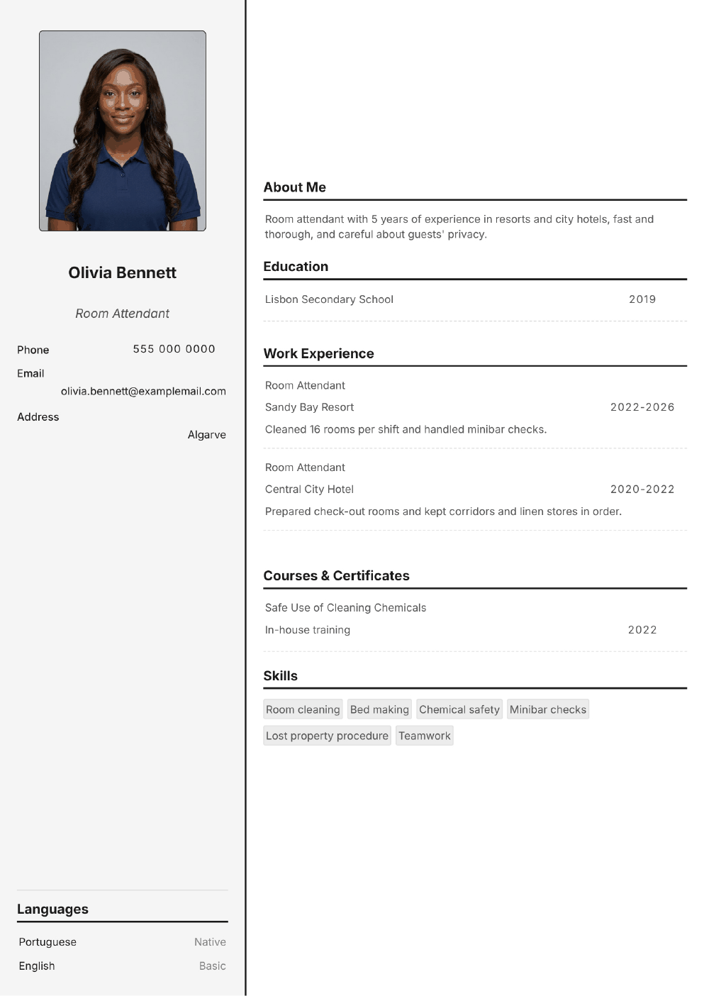 Completed CV example for a Room Attendant (with photo)