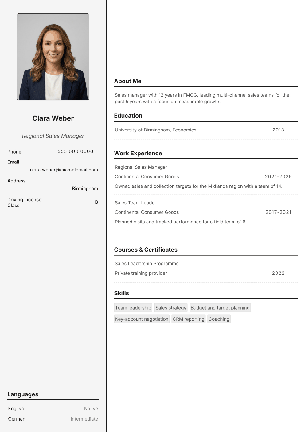 Completed CV example for a Sales Manager (with photo)