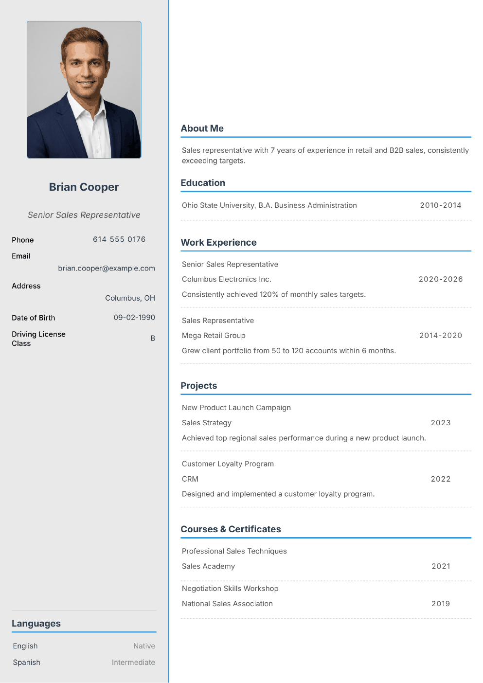 Filled-in example CV for Sales Representative (with photo)