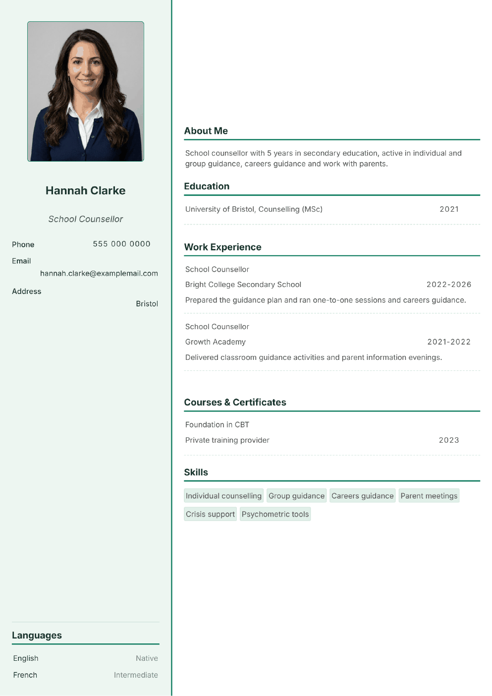 Completed CV example for a School Counsellor (with photo)