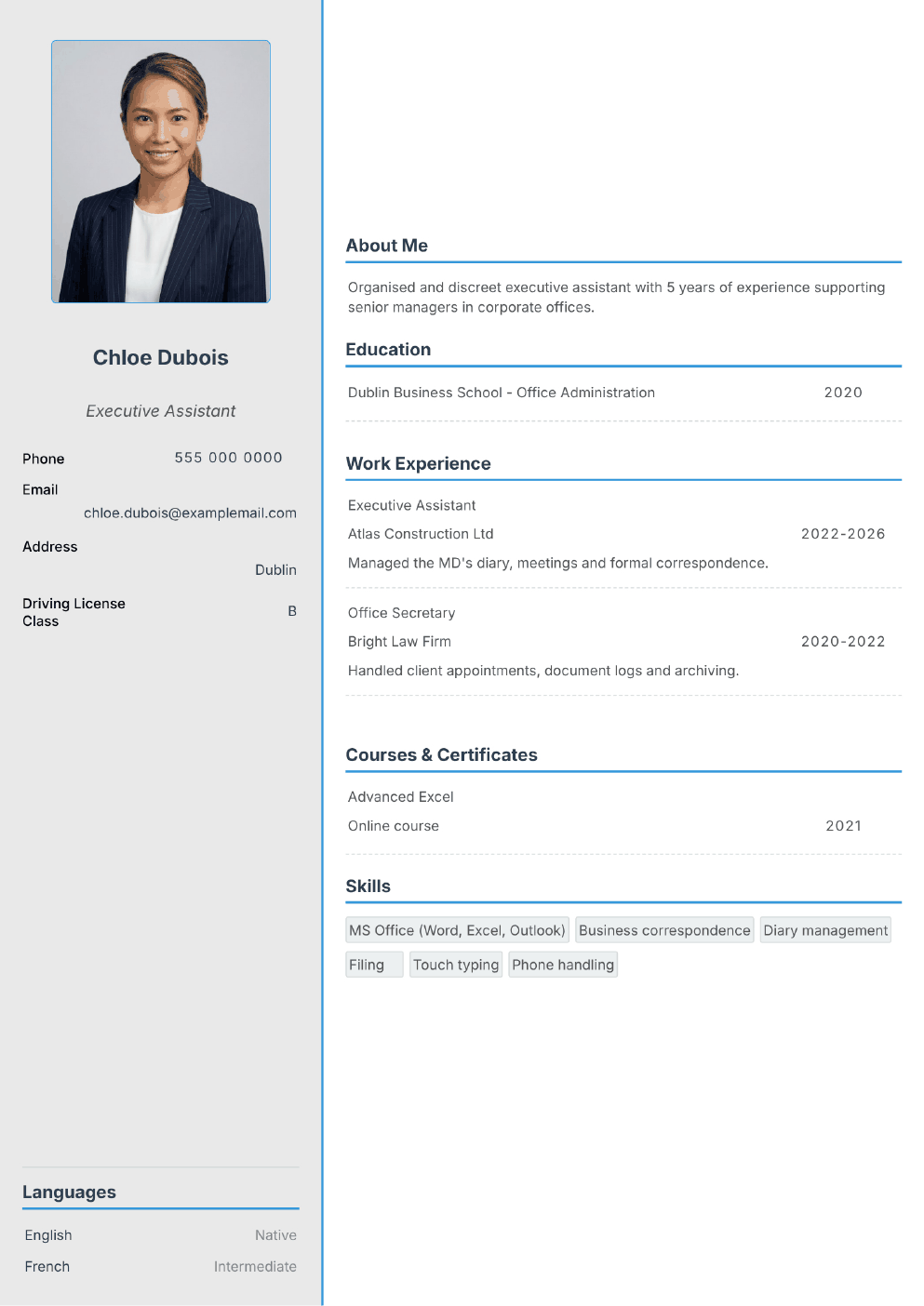 Completed CV example for a Secretary / Executive Assistant (with photo)
