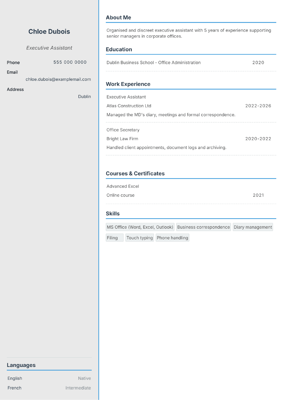 Completed CV example for a Secretary / Executive Assistant (without photo)