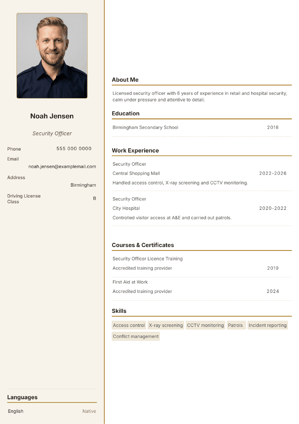 Completed CV example for a Security Guard (with photo)