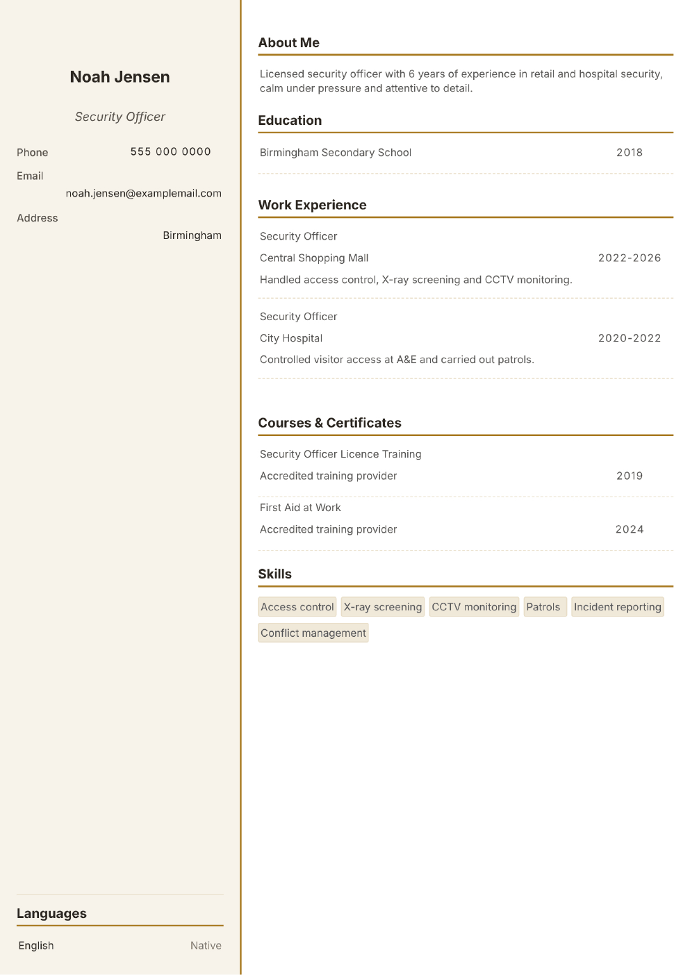 Completed CV example for a Security Guard (without photo)