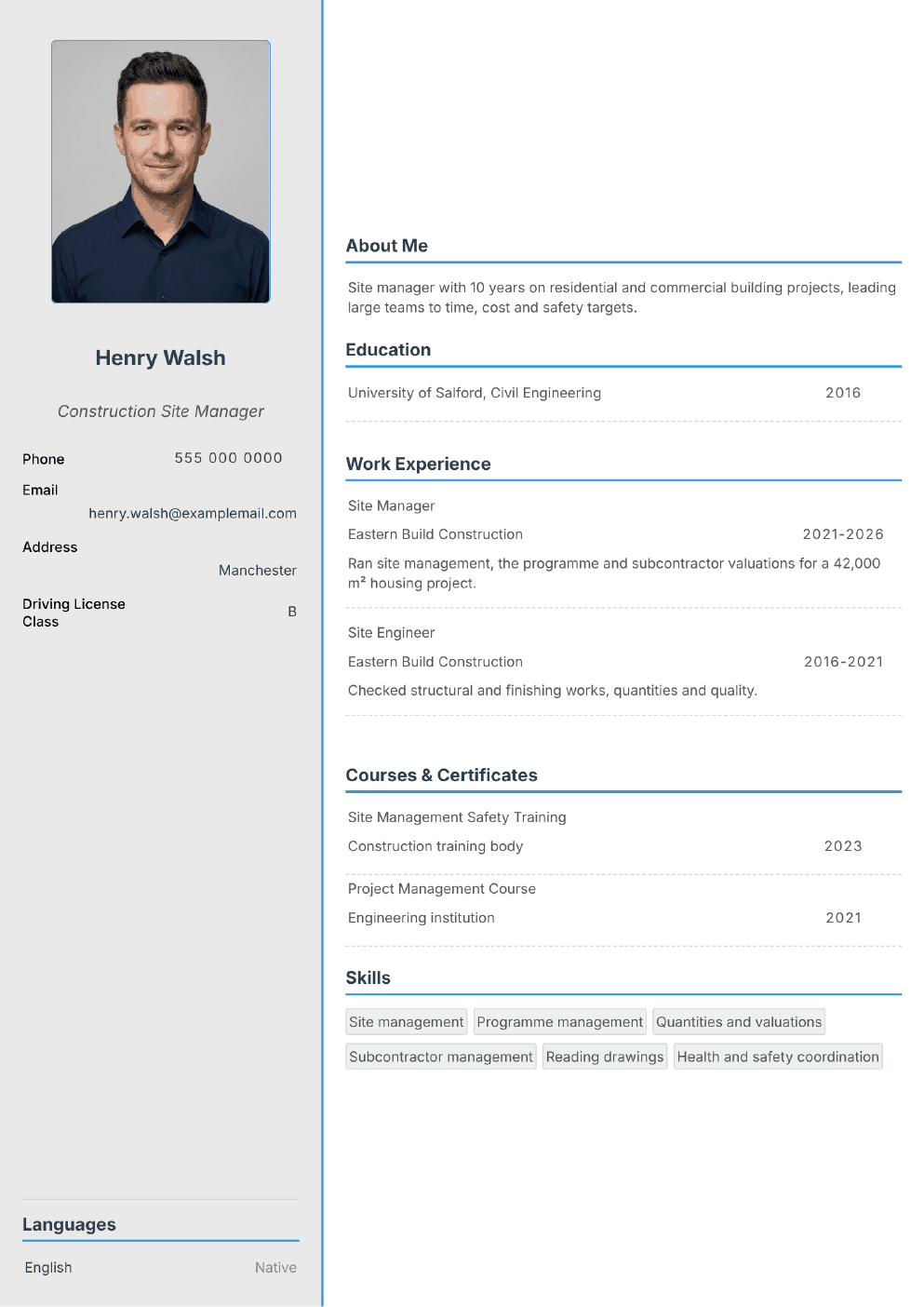 Completed CV example for a Construction Site Manager (without photo)