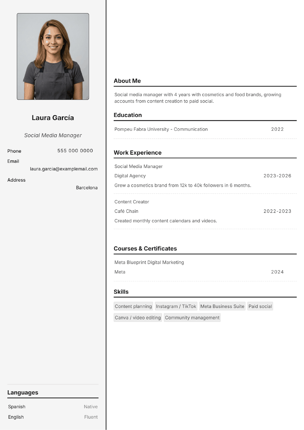 Completed CV example for a Social Media Manager (with photo)