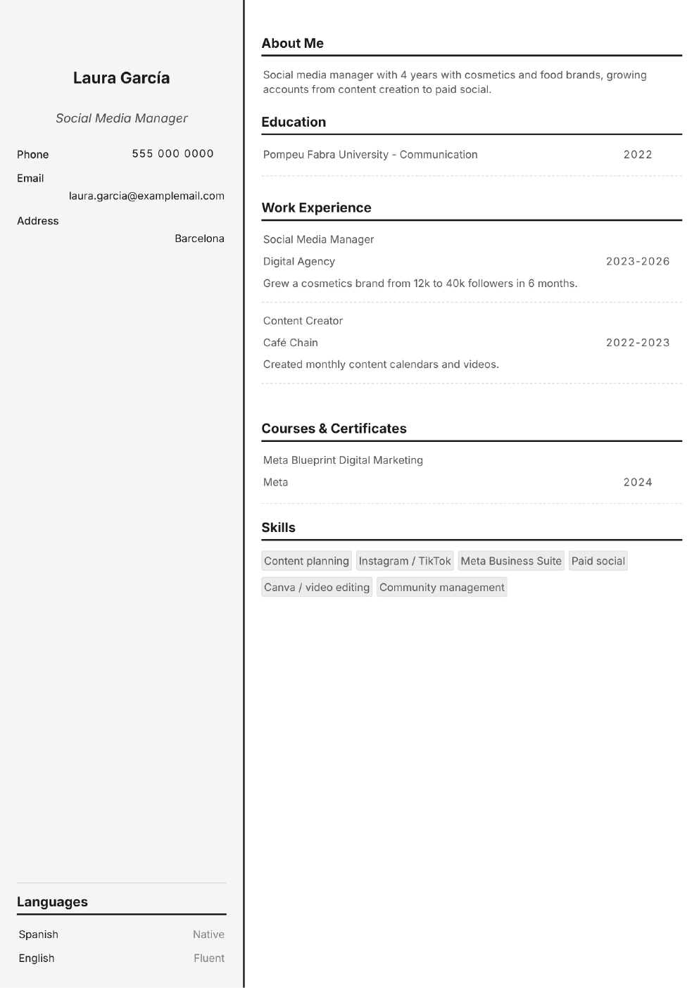 Completed CV example for a Social Media Manager (without photo)