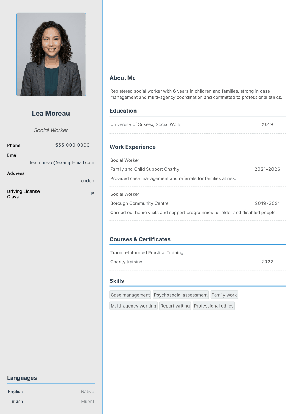 Completed CV example for a Social Worker (with photo)