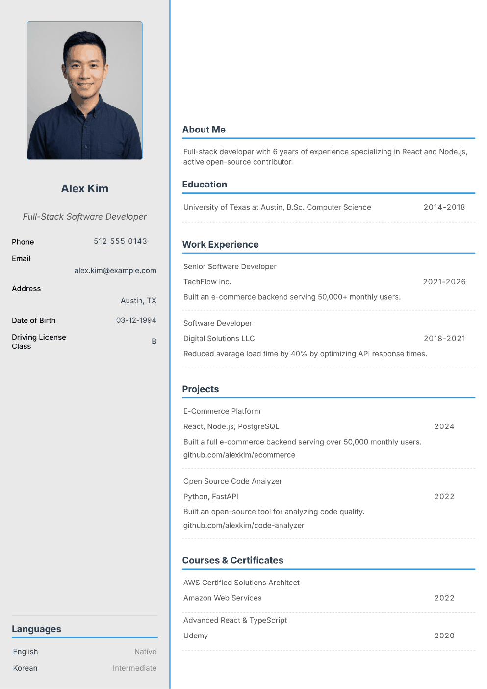 Filled-in example CV for Software Developer (with photo)