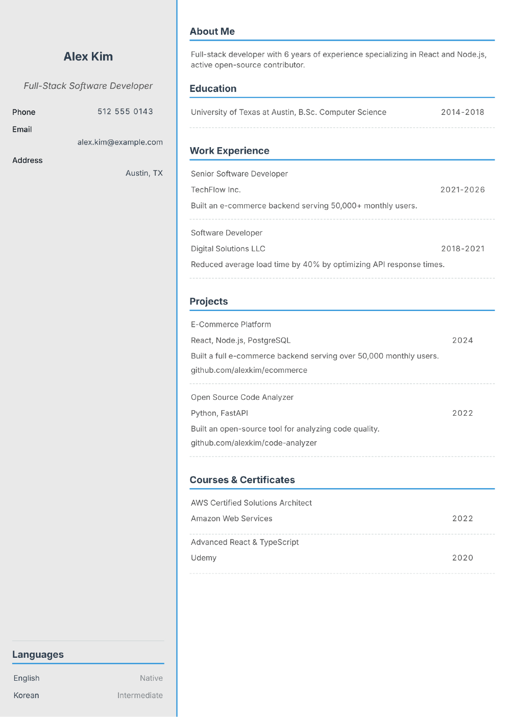 Filled-in example CV for Software Developer (without photo)