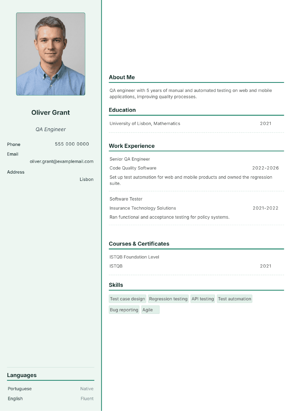Completed CV example for a Software Tester (with photo)