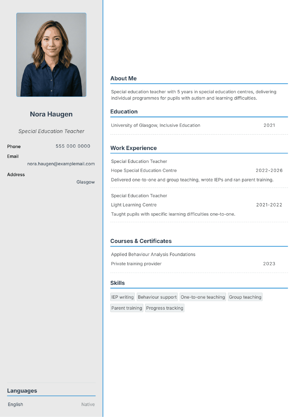 Completed CV example for a Special Education Teacher (without photo)