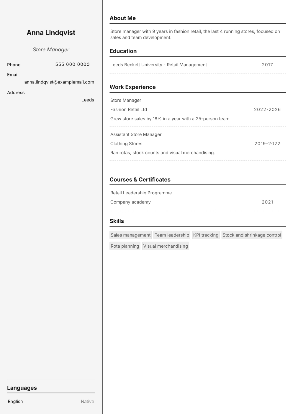 Completed CV example for a Store Manager (without photo)