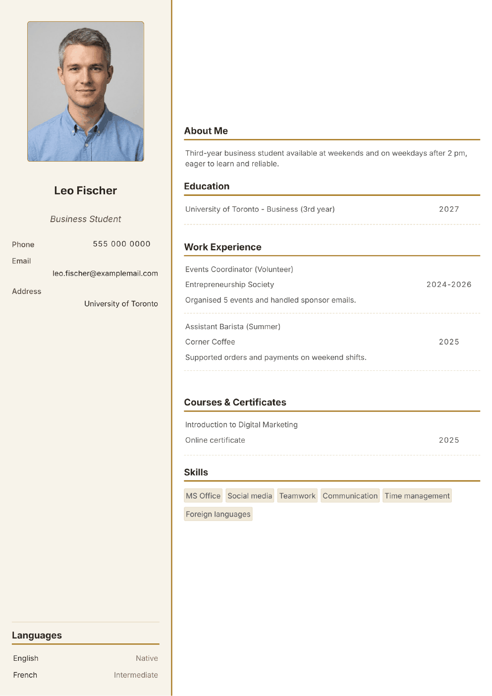 Completed CV example for a Student (Part-time) (with photo)