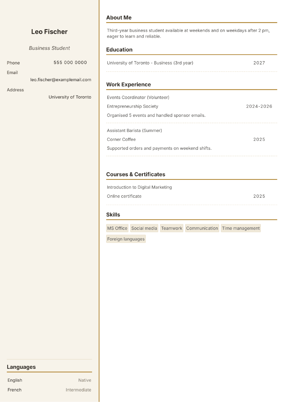 Completed CV example for a Student (Part-time) (without photo)
