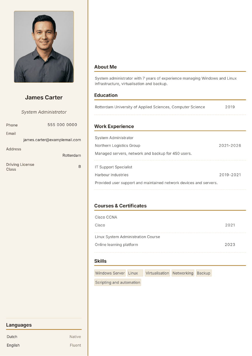 Completed CV example for a System Administrator (without photo)
