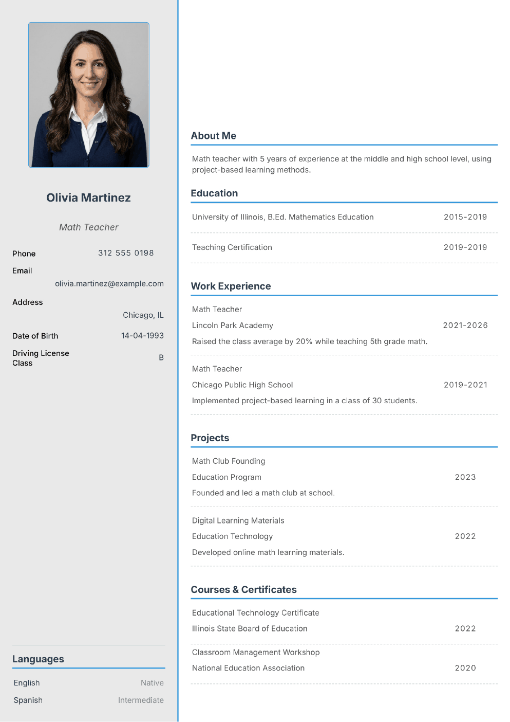 Filled-in example CV for Teacher (with photo)