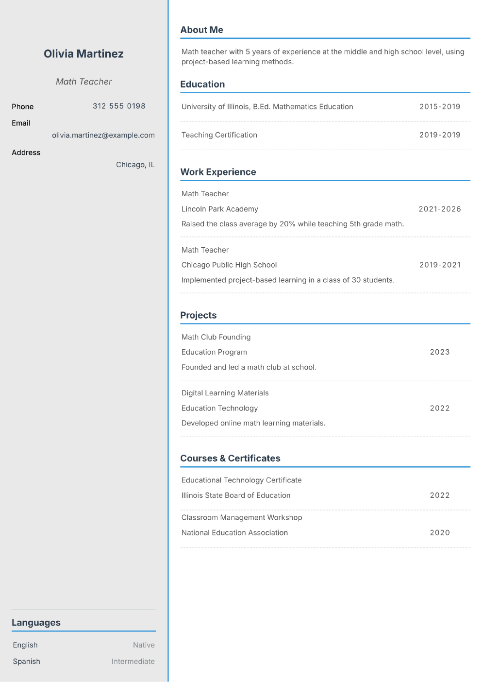 Filled-in example CV for Teacher (without photo)