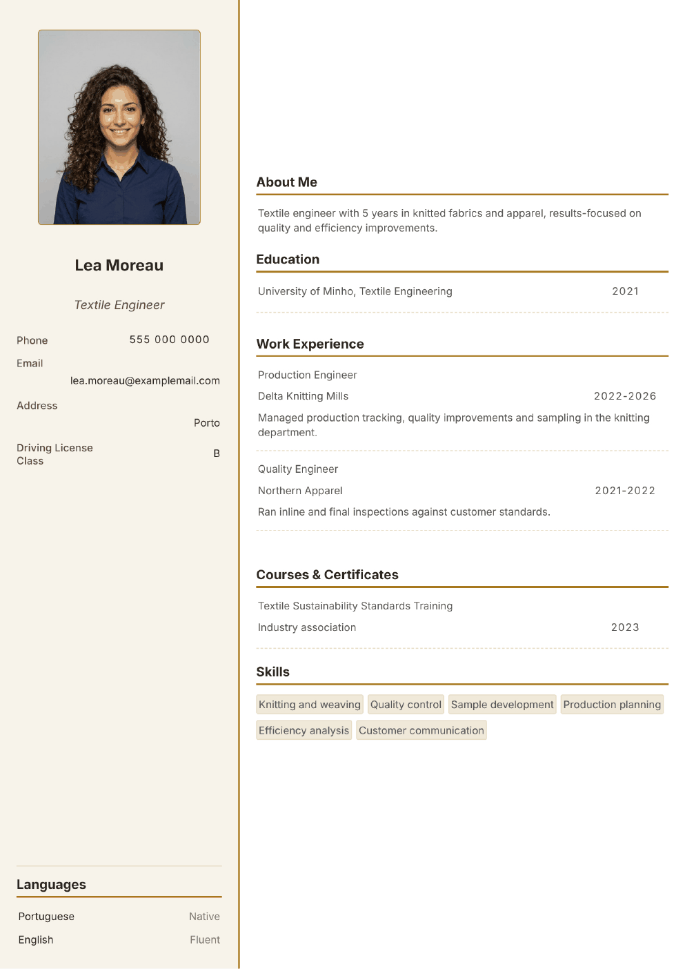 Completed CV example for a Textile Engineer (with photo)