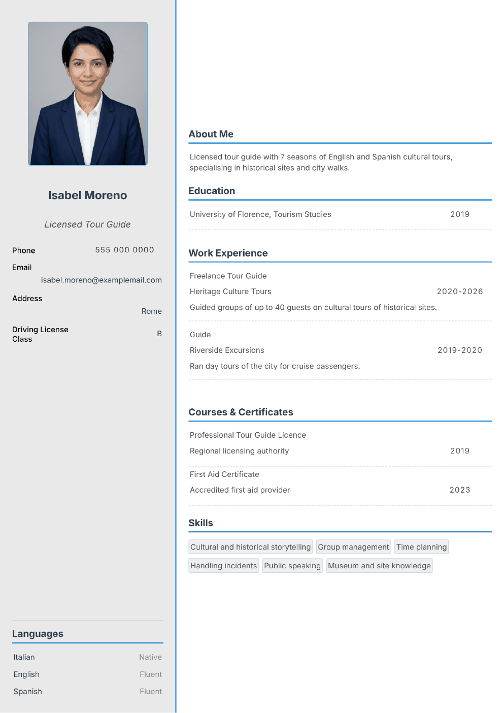 Completed CV example for a Tour Guide (without photo)