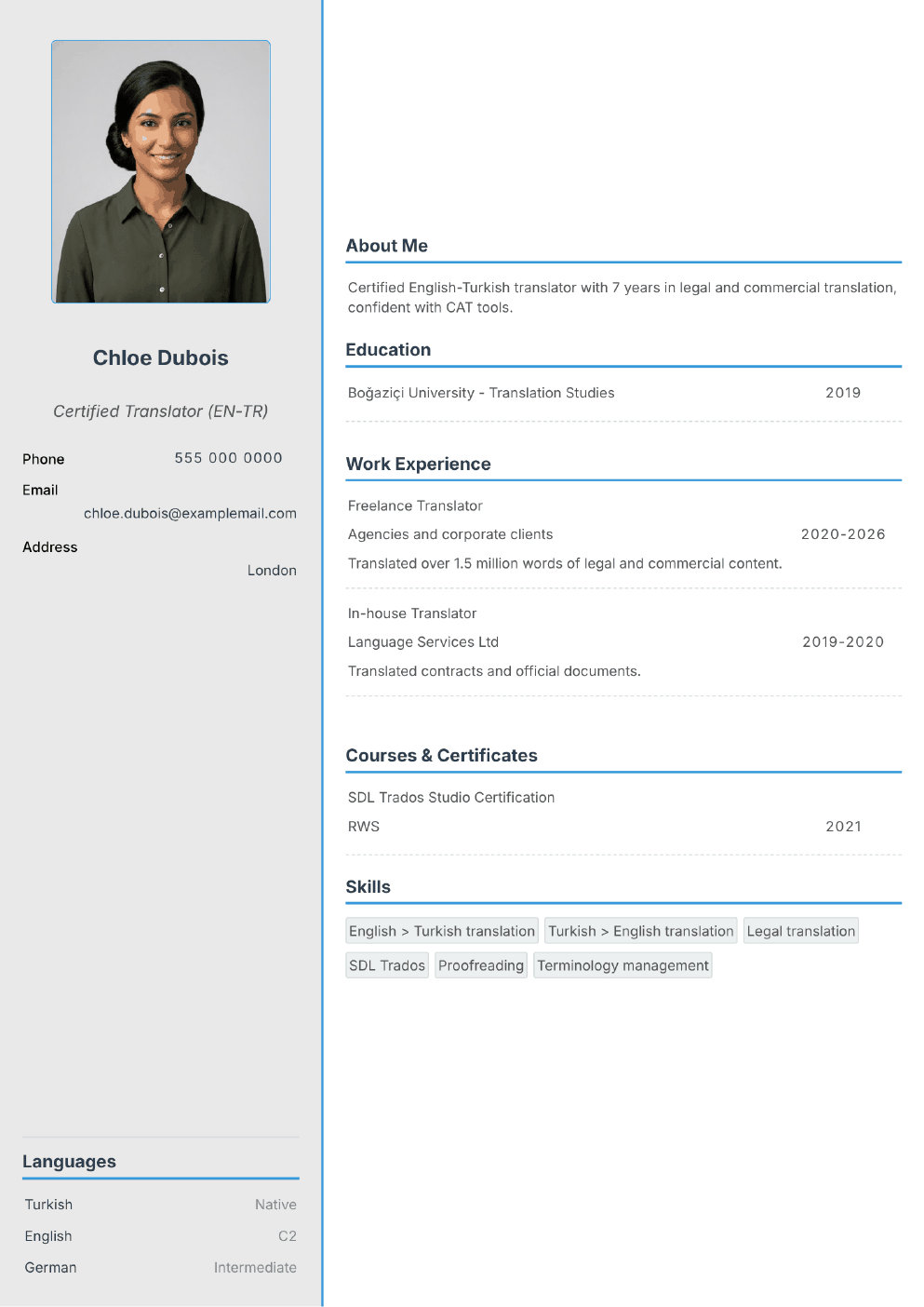 Completed CV example for a Translator / Interpreter (with photo)