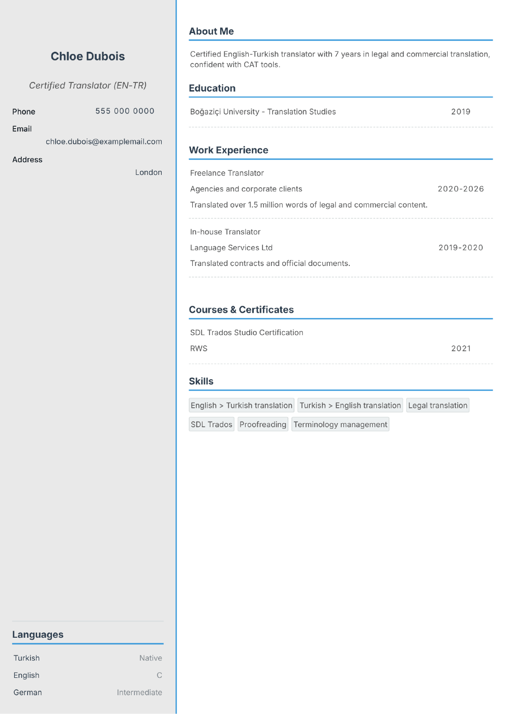 Completed CV example for a Translator / Interpreter (without photo)