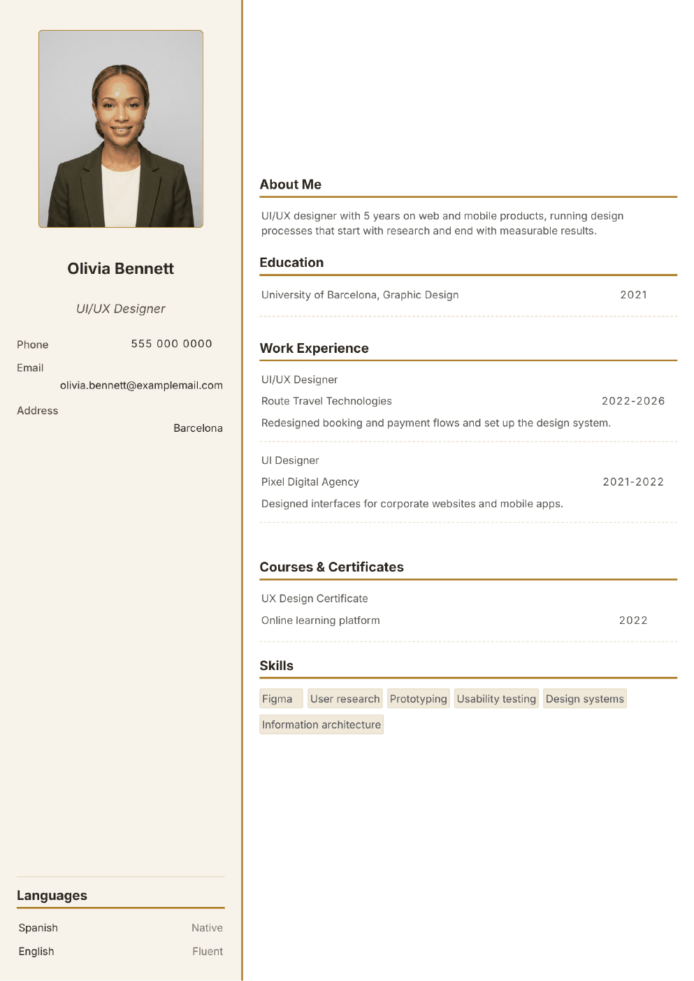 Completed CV example for a UI/UX Designer (with photo)