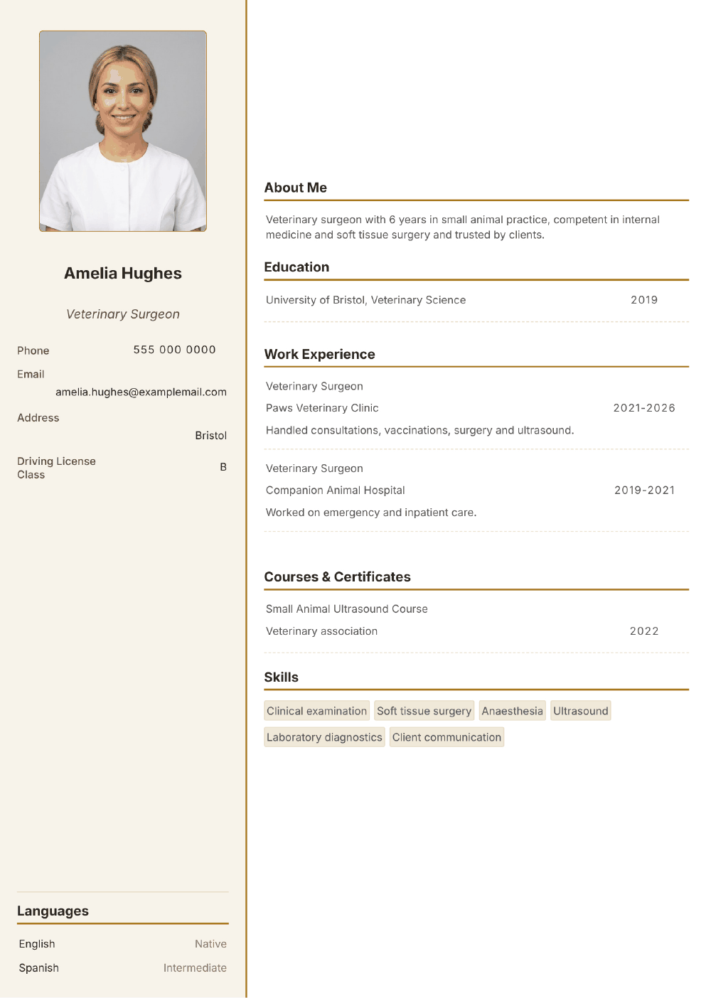 Completed CV example for a Veterinarian (with photo)