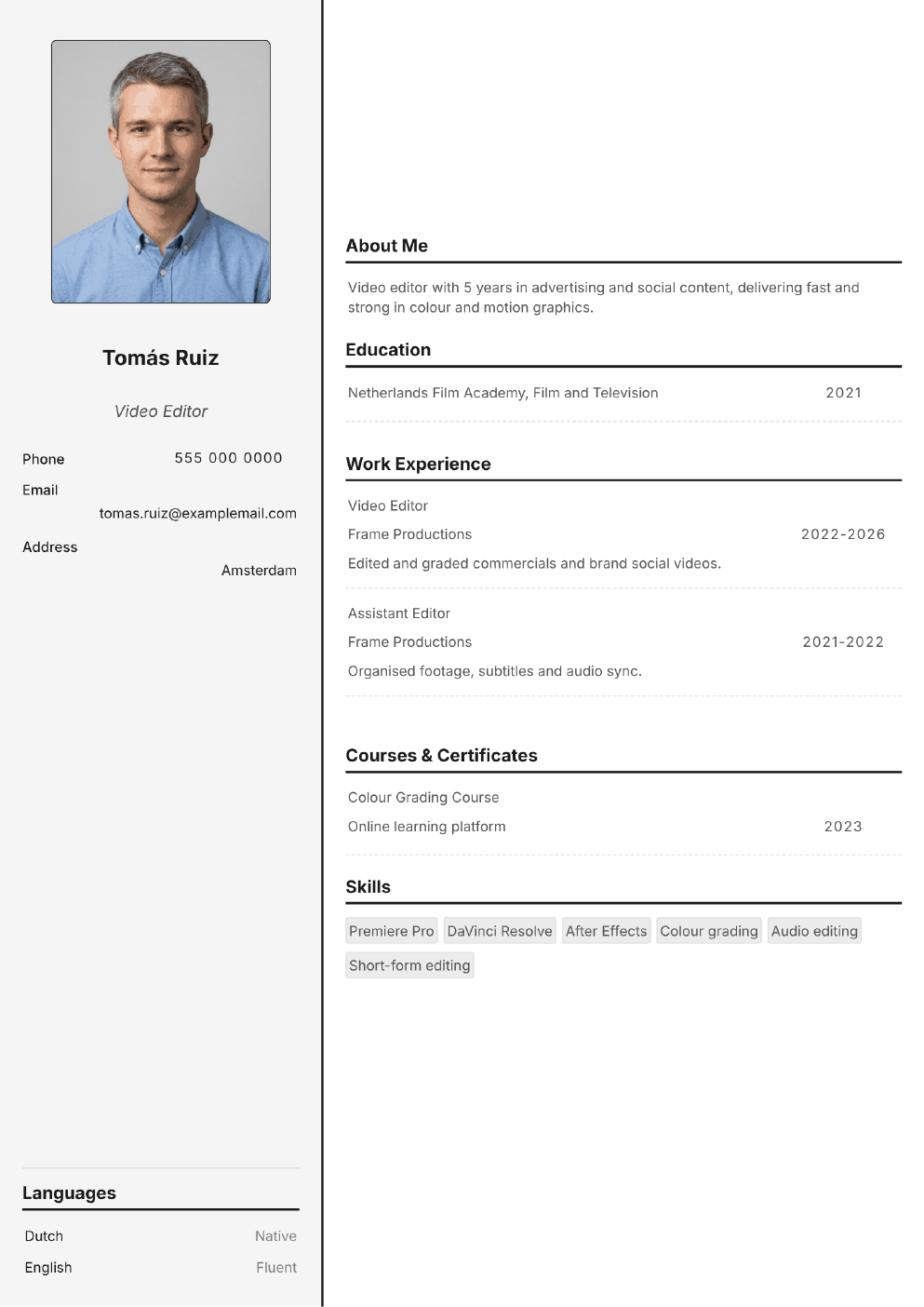 Completed CV example for a Video Editor (without photo)