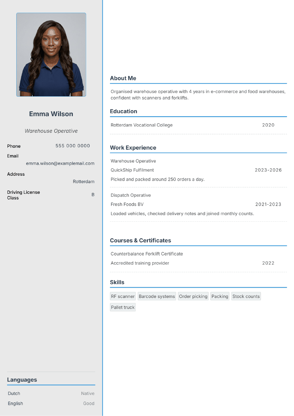 Completed CV example for a Warehouse Worker (with photo)
