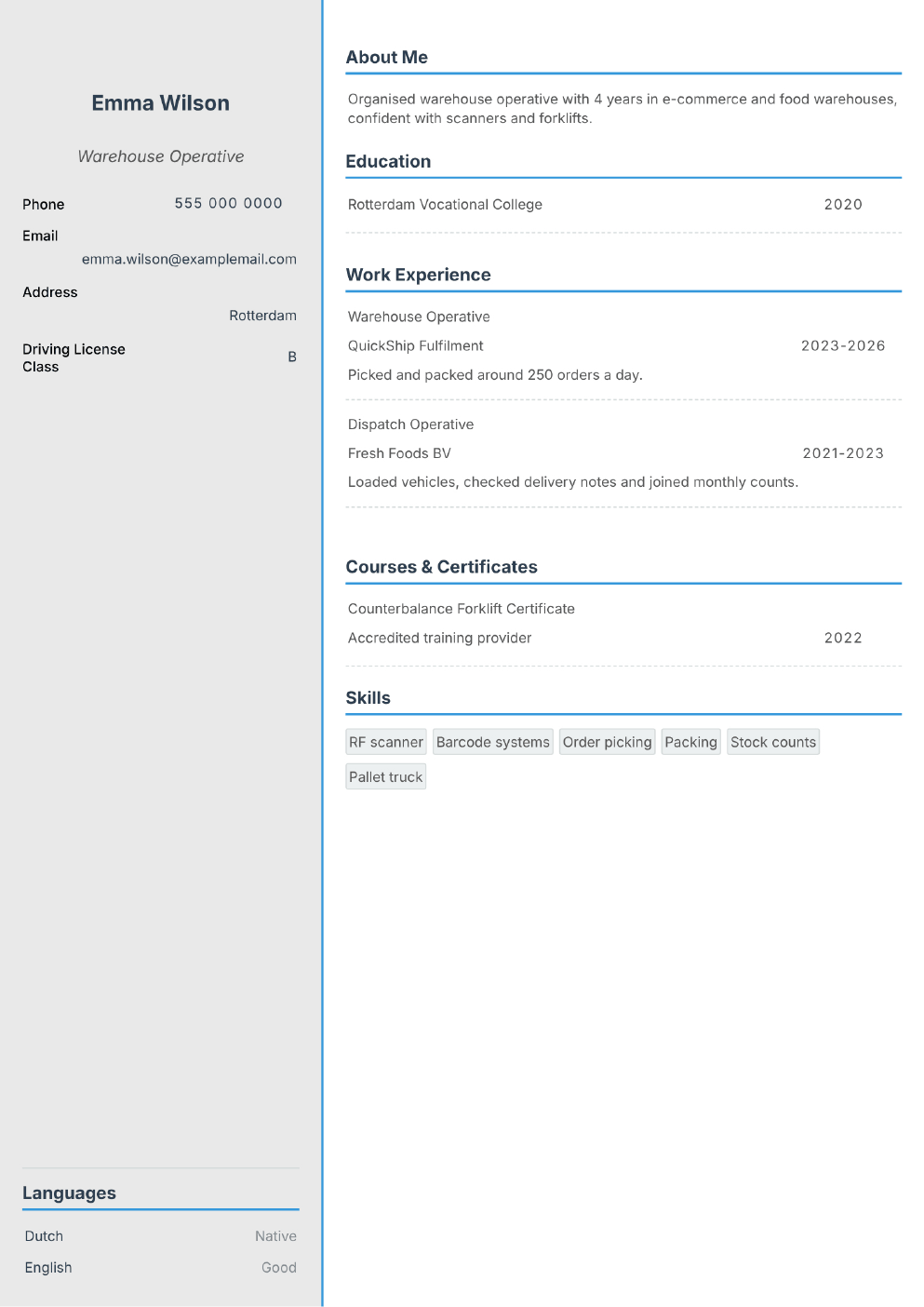 Completed CV example for a Warehouse Worker (without photo)