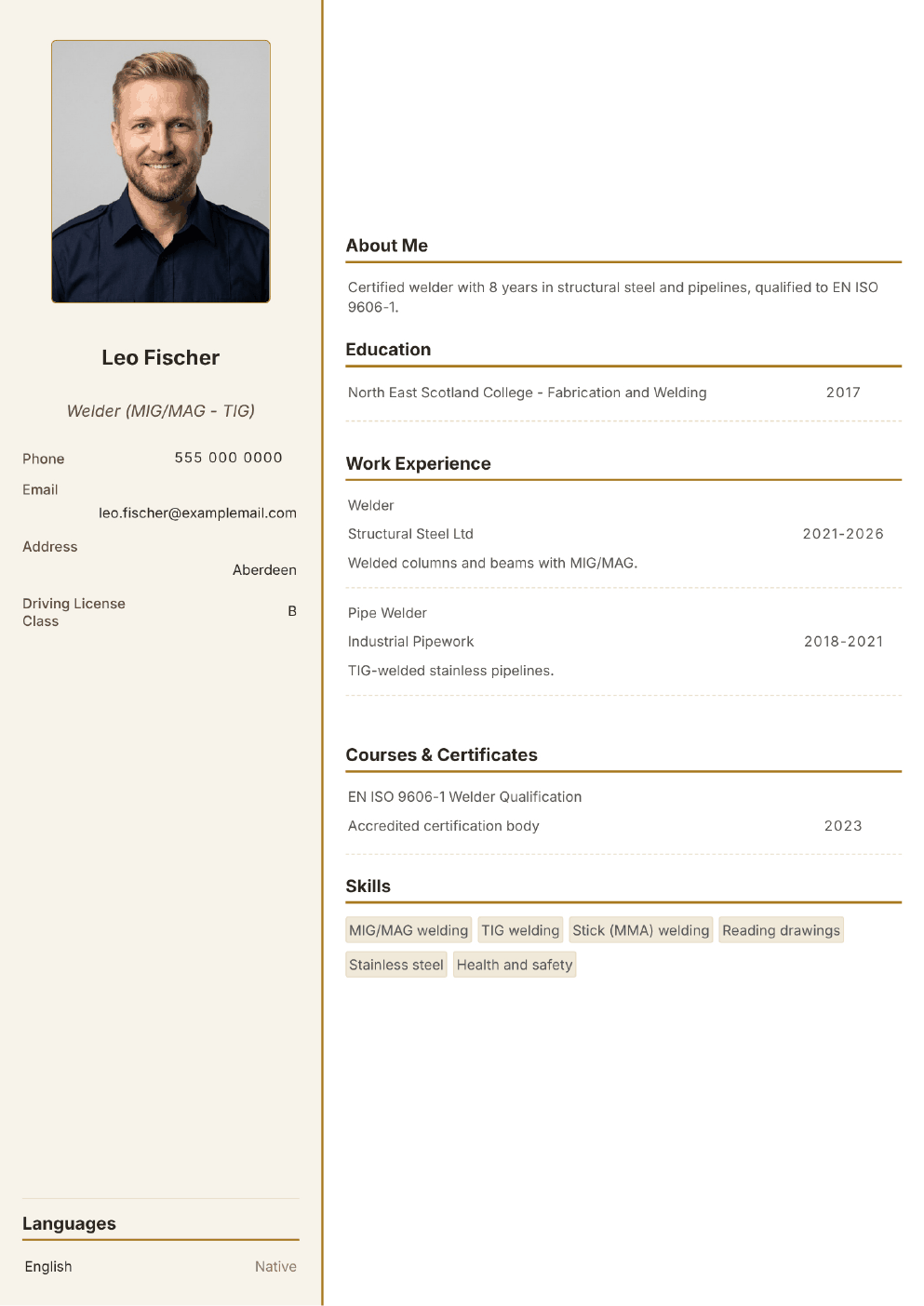 Completed CV example for a Welder (with photo)