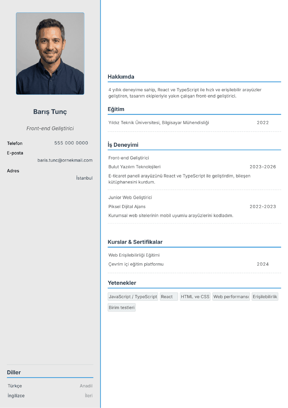 Front-end Geliştirici için doldurulmuş örnek CV (fotoğraflı)