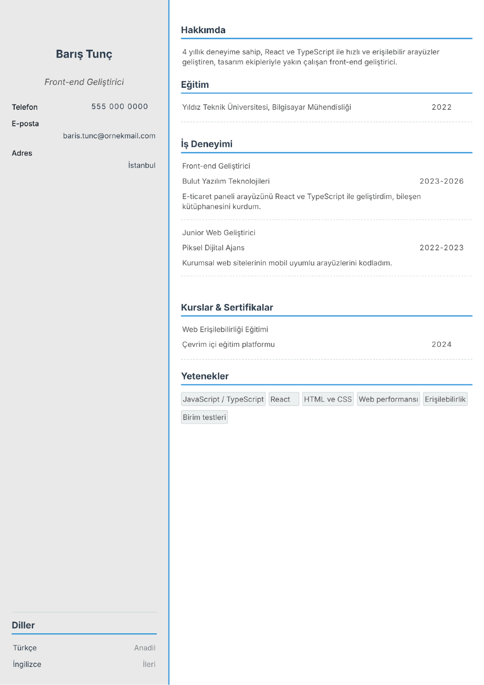 Front-end Geliştirici için doldurulmuş örnek CV (fotoğrafsız)