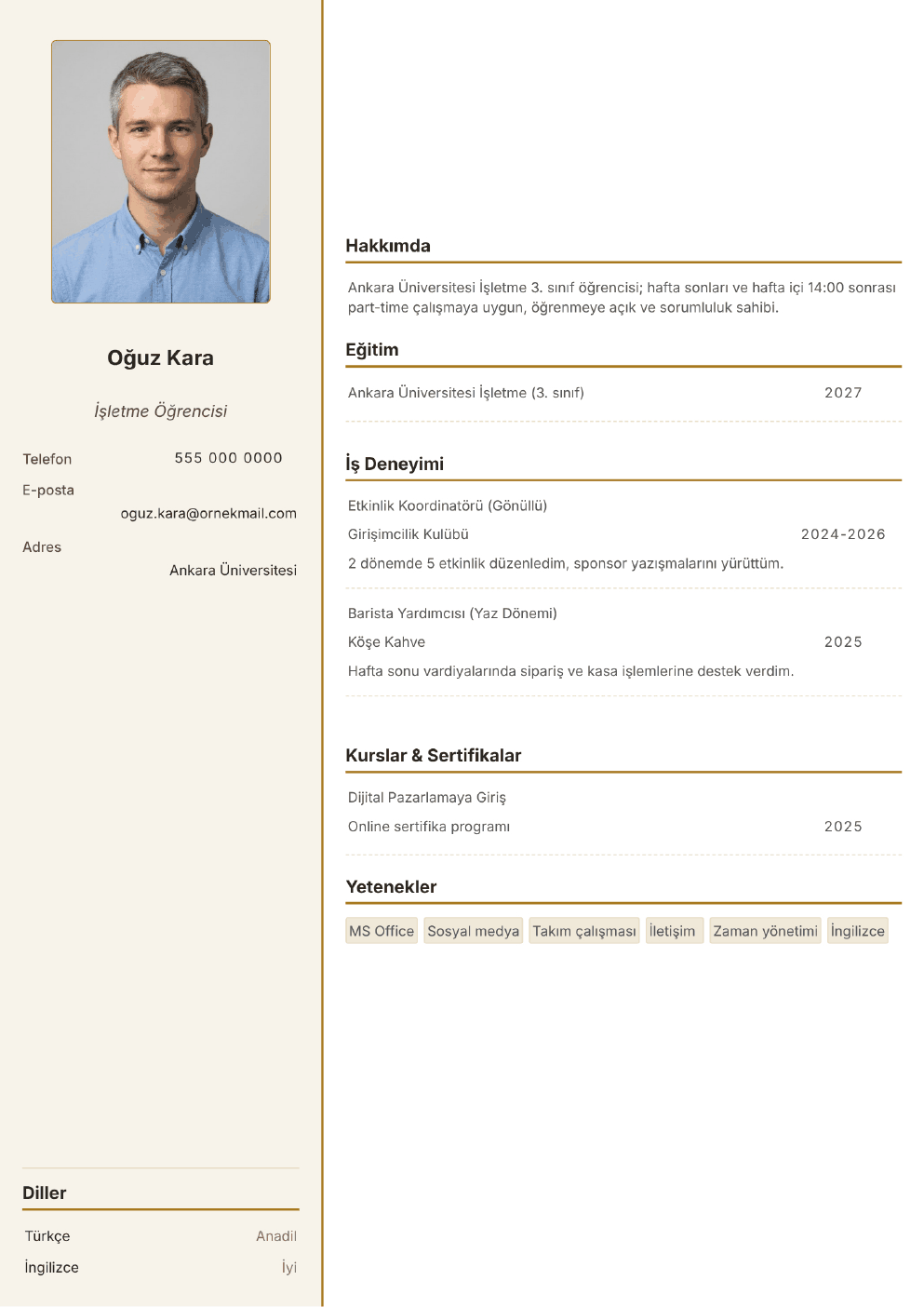 Öğrenci (Part-time) için doldurulmuş örnek CV (fotoğraflı)