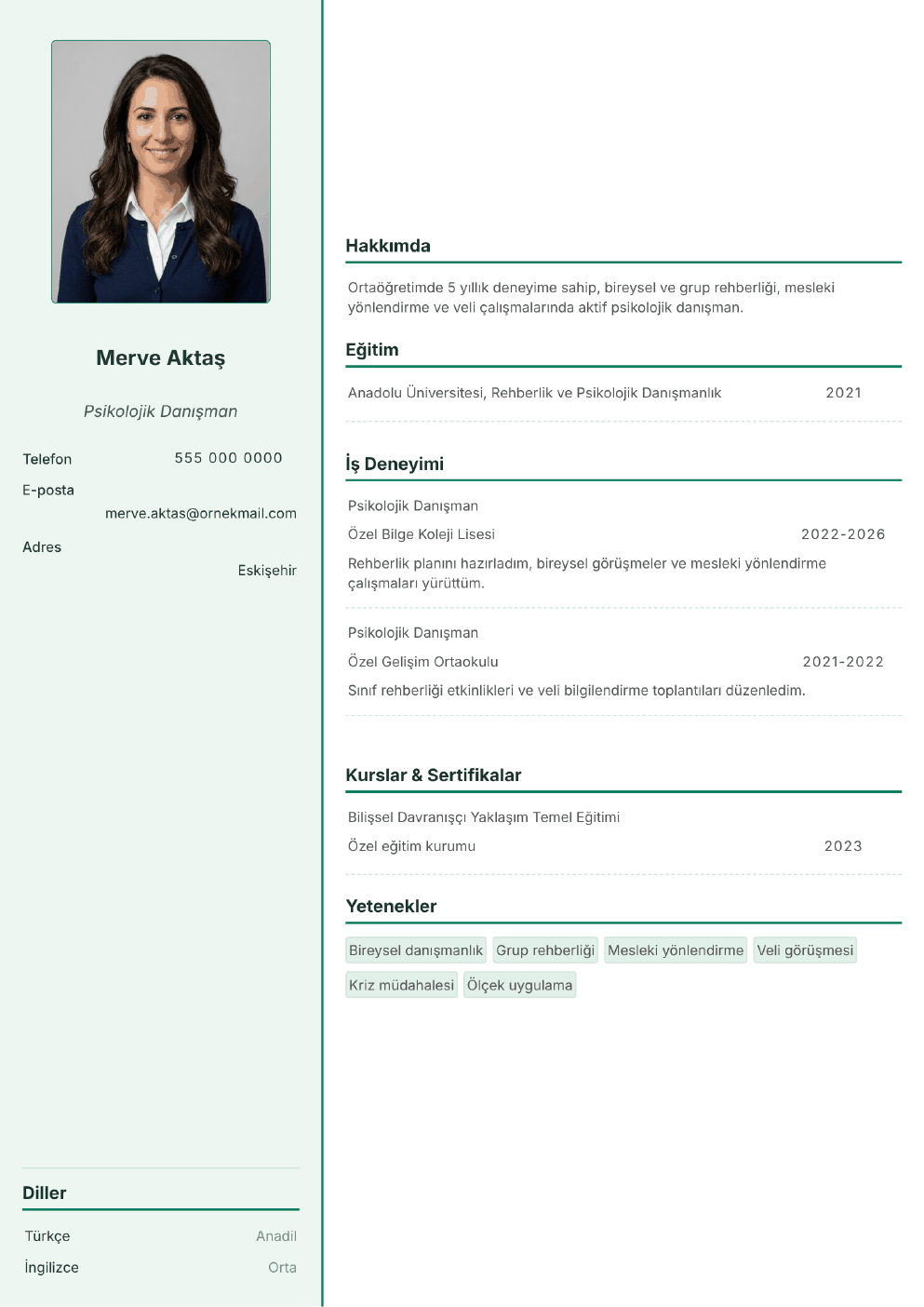 Psikolojik Danışman (PDR) için doldurulmuş örnek CV (fotoğraflı)