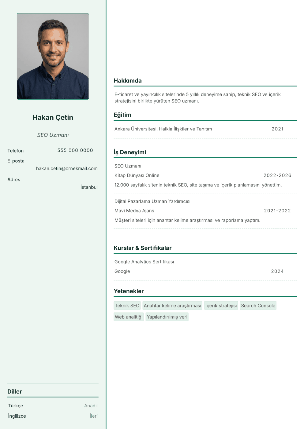 SEO Uzmanı için doldurulmuş örnek CV (fotoğraflı)