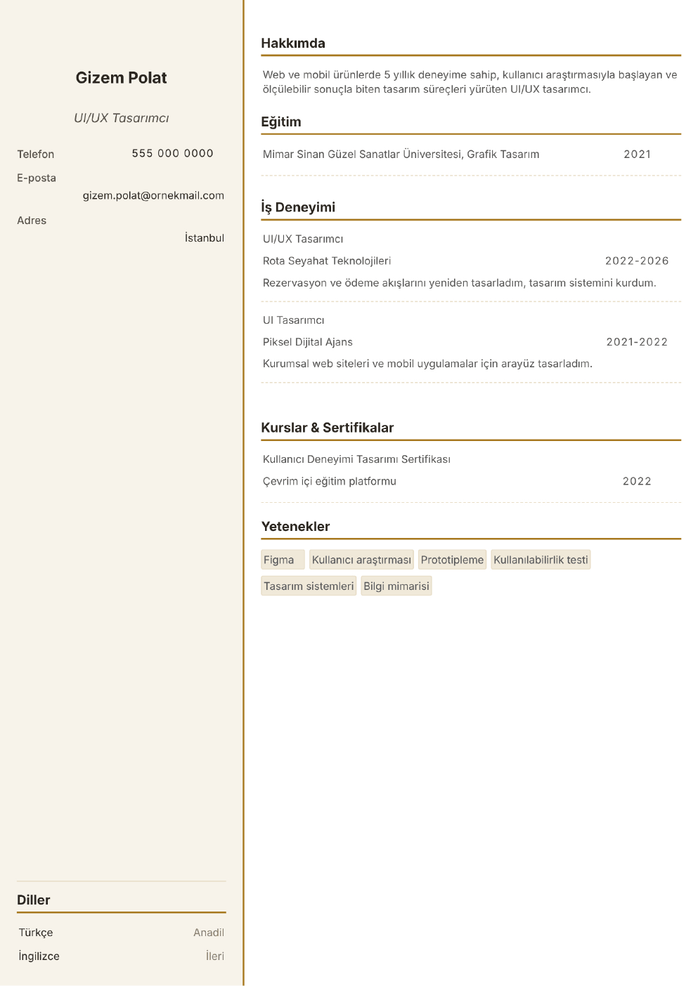 UI/UX Tasarımcı için doldurulmuş örnek CV (fotoğrafsız)