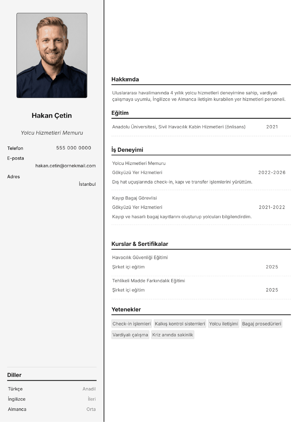 Havalimanı Yer Hizmetleri Personeli için doldurulmuş örnek CV (fotoğraflı)